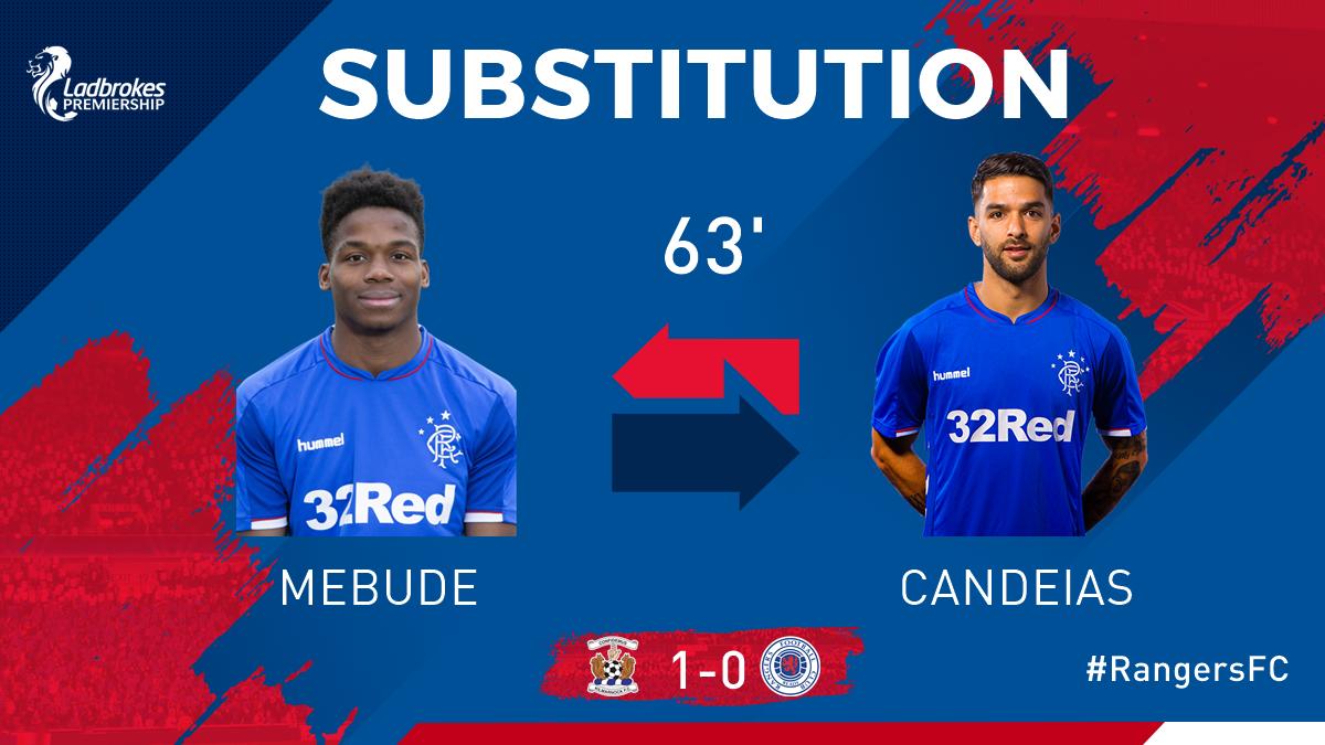 RangersFC's tweet photo. 63' SUB: Dapo Mebude comes on to replace Daniel Candeias. https://t.co/F3bwo1UYN6