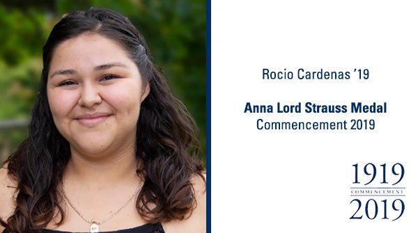 ConnCollege's tweet photo. The Anna Lord Strauss Medal is presented to a senior who has done outstanding work in public service. Behavioral Neuroscience and Psych. double major Rocio Cardenas ’19 has worked with service-dedicated institutions @NLHHC, Safe Futures &amp; @newmomschicago over the last 4 years. https://t.co/J8tLHMgSZi