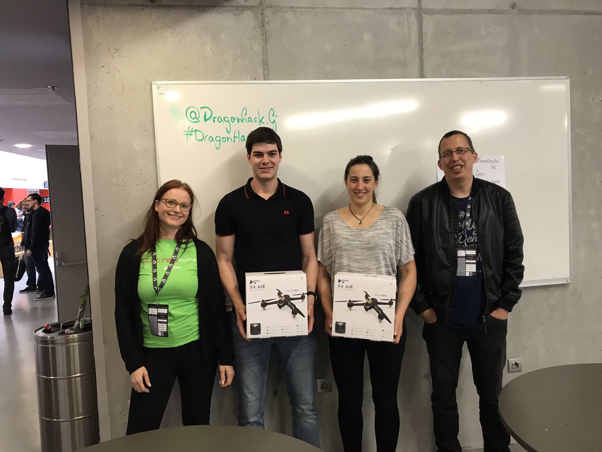 PuhekR's tweet photo. Winning team (holding the drones) won Best Bitcoin hack award. They needed just 24 hours to capture a video from security camera and post it to BSV as valid evidence. Congratulations! #BSV #BitcoinSV @DragonHackLJ https://t.co/4GNFHGH9KP
