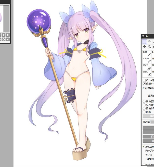 イラストに「いいね」ありがとうございます!
今思えば腕にも紫のなんかひらひらしたもの付ければよかったですね。
雑に修正してみました。 