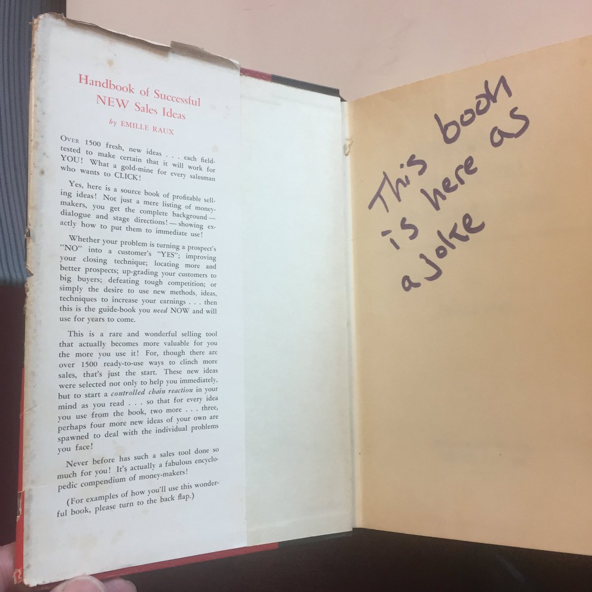 SolvingSales's tweet photo. We left this in the HUB at ⁦@ColumbiaREDI⁩ . Someone thought it was a joke and wrote that in the cover. Ufff. No! ...It is a book full of old school sales wisdom.  Study it and be wise! https://t.co/Iyu0x2i9Tm