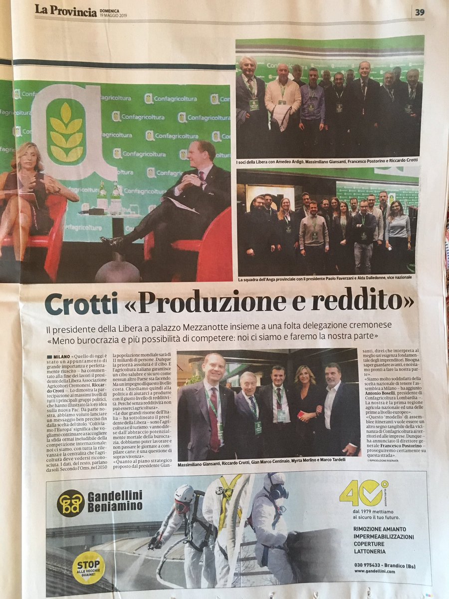 Confagri_ANGA's tweet photo. 19-5-19 quotidiano La Provincia di Cremona #diconodinoi Assemblea @Confagricoltura #giovanidiconfagricoltura presenti!!!
#angafa60 #angacè https://t.co/Dr1GLYySU4