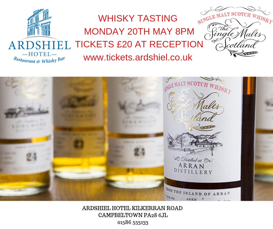 ArdshielHotel's tweet image. Start the week with our whisky tasting- Monday at 8pm #whisky #singlemaltsofscotland at #CampbeltownFestival