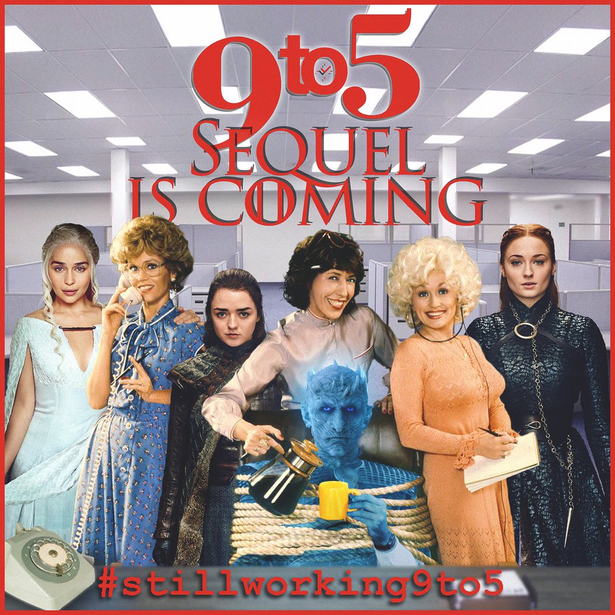 9to5documentary's tweet photo. When worlds collide #GOT meets #9to5 More coffee Mr Night King? Excited for @GameOfThrones Finake tonight! And hopefully #9to5sequel coming soon! With @DollyParton @LilyTomlin @Janefonda and @Maisie_Williams @SophieT @EmiliaClarkeTM #EmiliaClarke #dollyparton #SophieTurner https://t.co/WzyhxCNUH7