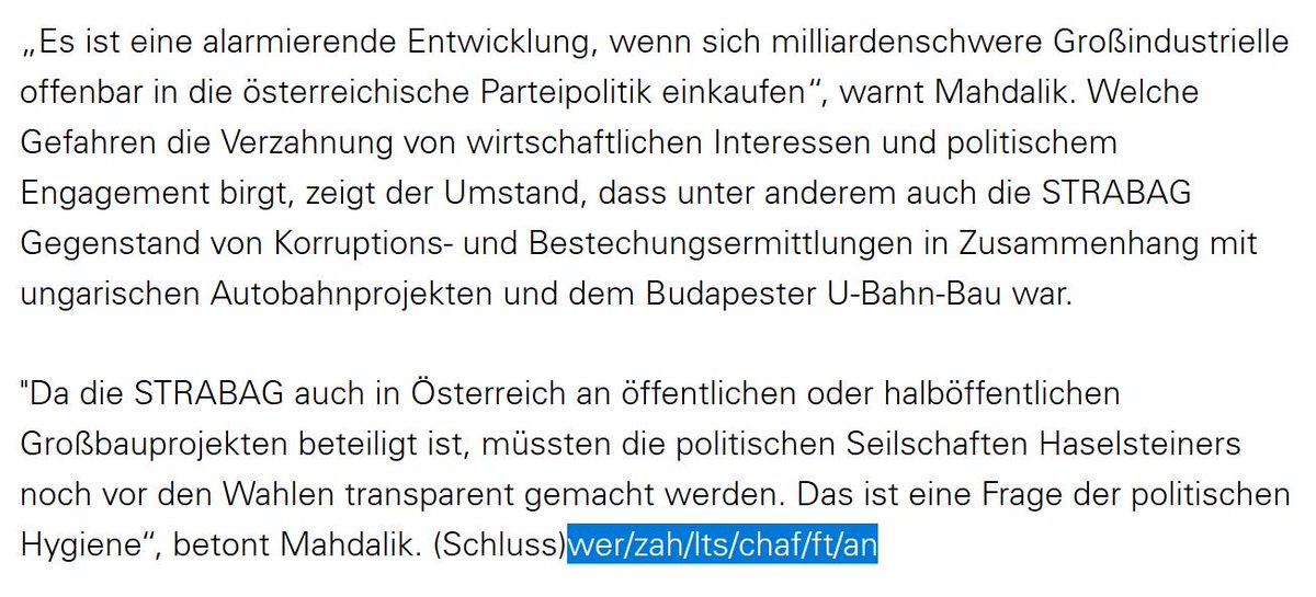 Bizarres Detail: Laut <a href="/SZ/">Süddeutsche Zeitung</a> verlangten die vermeintlichen russischen Investoren von der FPÖ, dass sie eine Presseaussendung gegen Haselsteiner ausschicken - als Beweis für ihre Loyalität. Die Aussendung ist noch online und endet so: "Wer zahlt, schafft an." ots.at/presseaussendu…