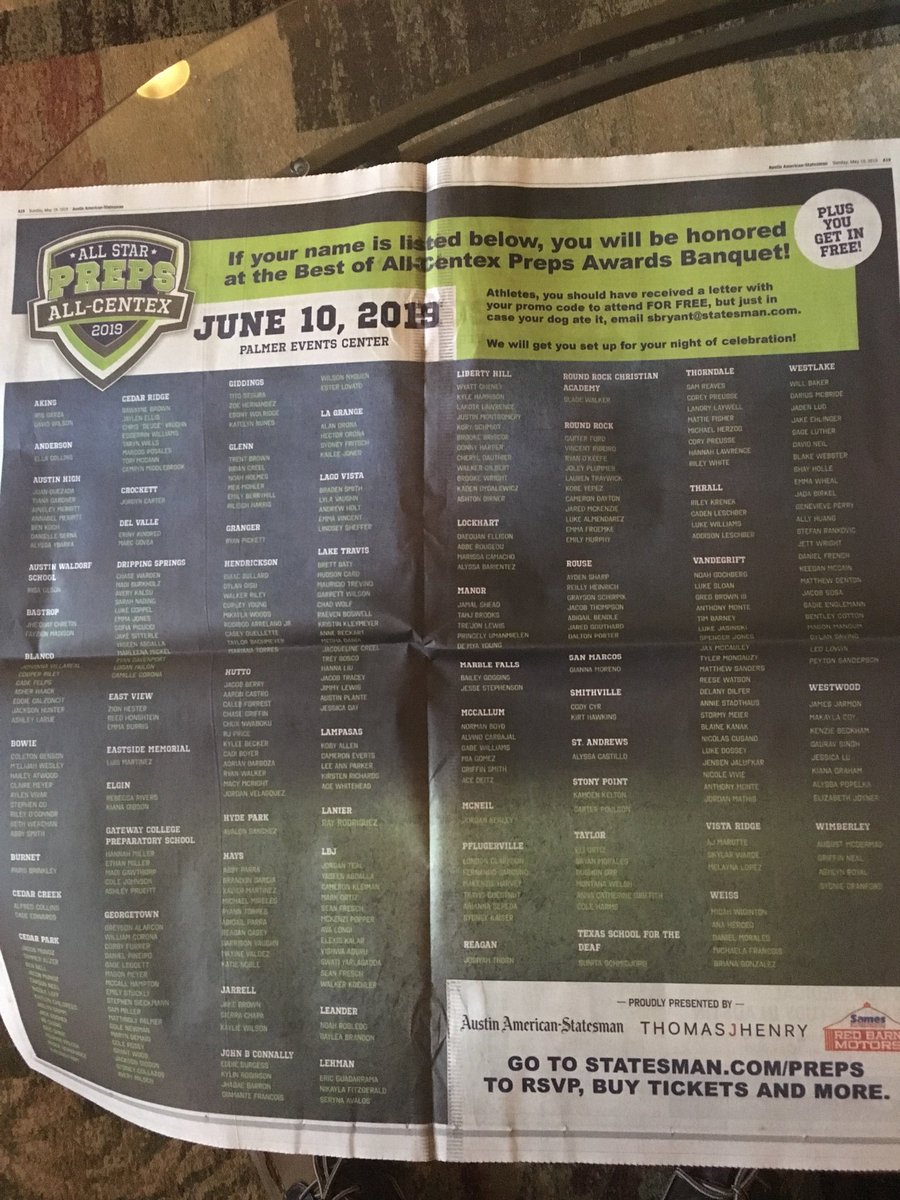Rickyprep's tweet photo. This two-page ad in today’s @statesman lists the 400 or so HS athletes who will be honored at our Best of Preps ceremony June 10 at Palmer Events @uiltexas #centexpreps https://t.co/CtnL9cbGMp
