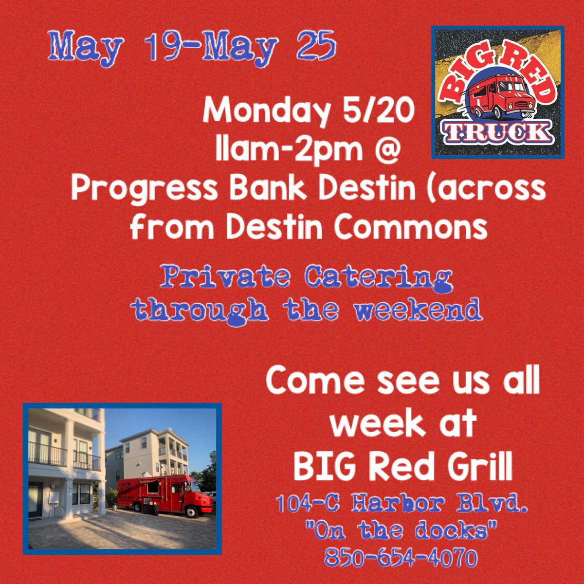 Hope everyone has a great week! Come see us Monday at our lunch service or come visit @bigredgrilldestin !