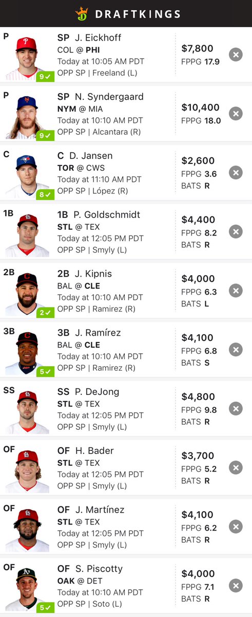 DailyDKBaseball's tweet image. UPDATE: With DET weather issues and Carpenter not in lineup we are going with this! #DFS #MLB #Baseball #Draftkings