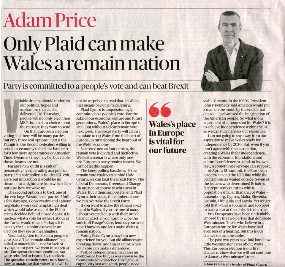 Adamprice's tweet photo. “If you want to make the remain voice heard in Wales, if you are one of many Labour voters fed up with their Brexit balancing act, if you want to wipe the smirk off Farage’s face, lend us your vote next Thursday and let’s make Wales a remain nation.”

Sunday Times heddiw/today. https://t.co/burU3BRAj3