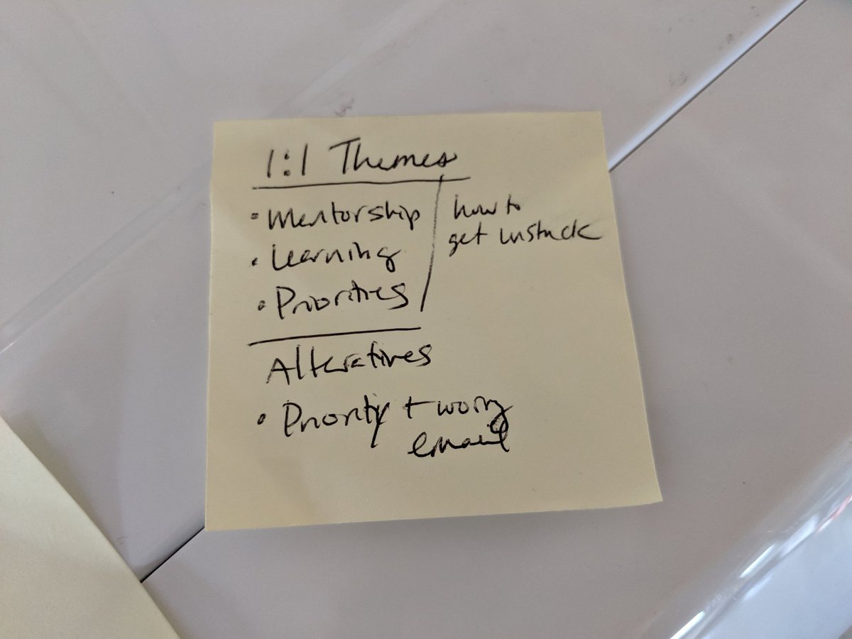 13. Each week our 1:1's have a theme. A theme helps me discuss mentors or prioritization with people who *don't* ask, not just people who are already thinking about it.The theme isn't the focus of the 1:1, it's an opening for future conversations.