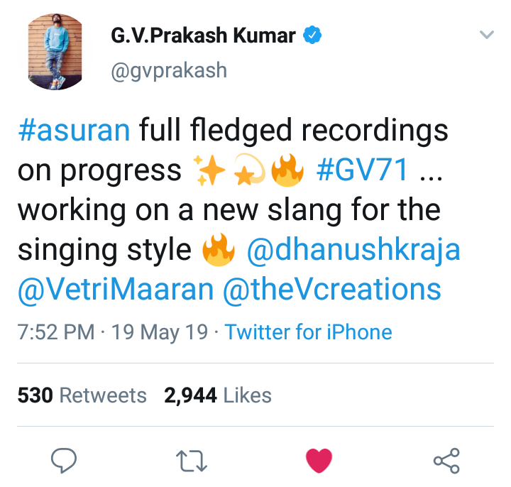 Exciting Details Song Recording of GV Prakash Musical Asuran Starring Dhanush Directed by Vetrimaaran