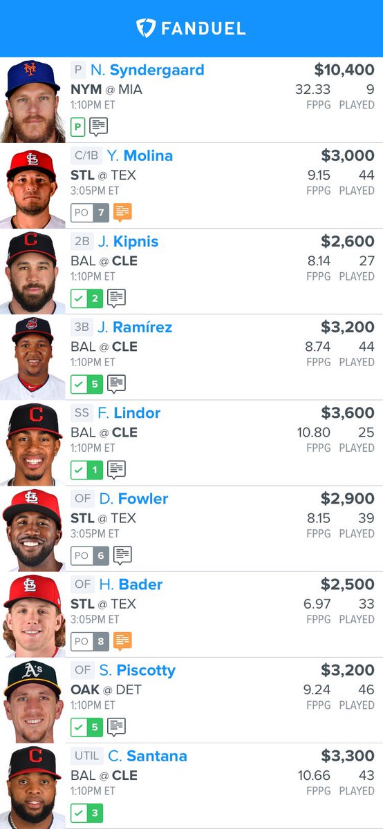 MoneyTimeDFS's tweet photo. It’s #MoneyTime! Here’s today’s MLB lineups! Remember these are primarily for cash games, but you can enter some GPPs with them as well! #MoneyTime #mlb #dfs #mlbdfs #fanduel #draftkings #freedfslines #fanduelmlb #draftkingsmlb https://t.co/vLHYztQg0G