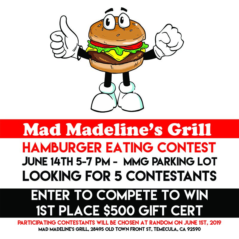 MMGBurgers's tweet photo. Looking for contestants!
Mad Madeline's Grill's First Hamburger Eating Contest on Friday, June 14th, 2019!
Visit MMG to fill in your entry today - ask your server for details!
#madmadelinesgrill #mmg #foodeatingcontest #hamburgers #oldtowntemecula https://t.co/yFTgIxC2Zn