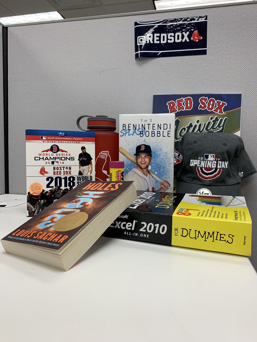 RedSox's tweet image. Rain delay means the Twitter intern is cleaning again:

RT now for a chance to win:
- 2018 WS DVD set
- 2019 Opening Day hat
- Water bottle
- Coloring book
- Benny bobble box (lost the bobble)
- Holes by Louis Sachar
- Glue stick
- Excel 2010 for Dummies