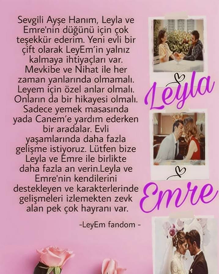 wseyasno's tweet photo. Sevgili Ayşe Hanım Leyla ve Emre'nin düğünü için çok teşekkür ederim.Yeni evli bir çift olarak LeyEm'in yalnız kalmaya ihtiyaçları var.Mevkibe ve Nihat ile her zaman yanlarında olmamalı.Lütfen bize Leyla ve Emre ile birlikte daha fazla an verin
@KutluUner @erkencikusdizi @startv https://t.co/VfnyD0jEmV