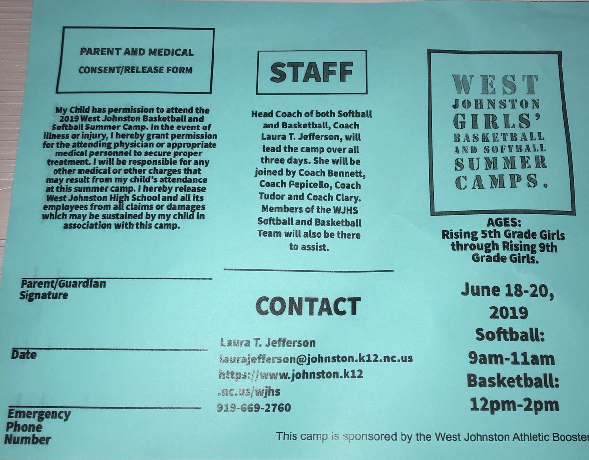 CoachLJeff's tweet photo. Please share this flyer if you know any GIRLS who are interested in attending W.J. softball and basketball camp. It is for rising fifth grade girls through rising ninth grade girls. Only $40.00 for both camps. https://t.co/WiCLJndYRd