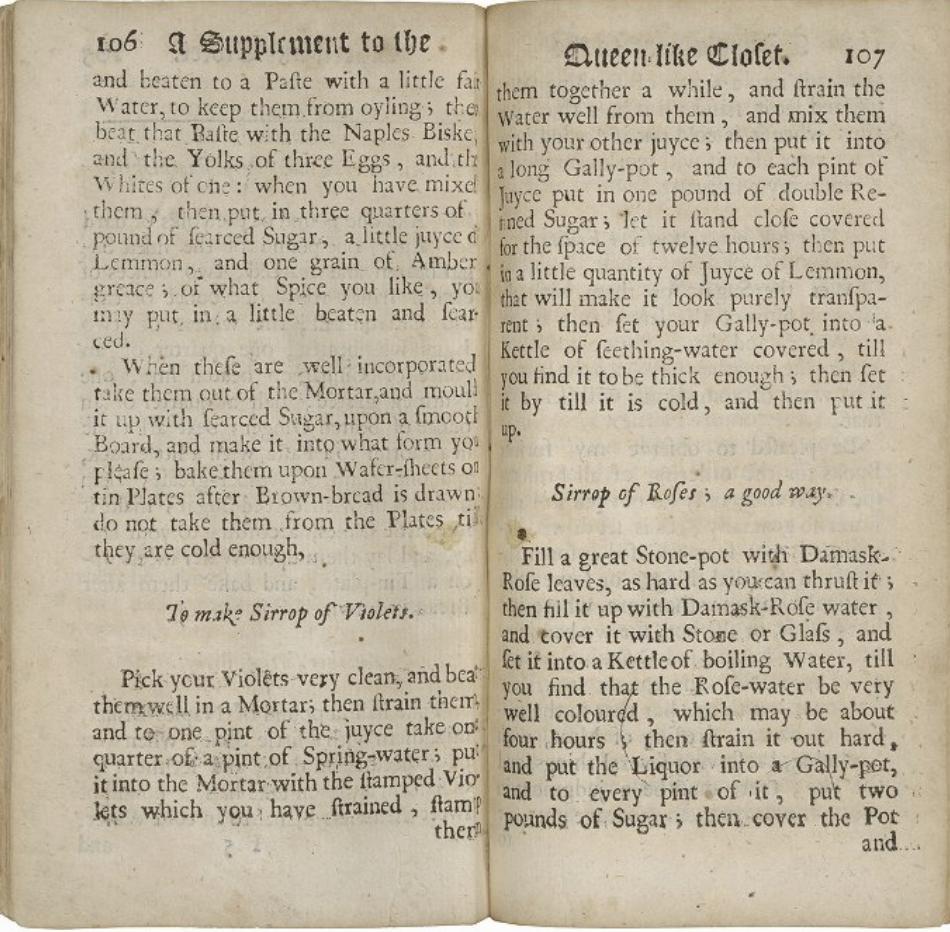 FolgerResearch's tweet photo. Some sweet #WoolleyWisdom for the 11:00 hour: how to make syrup of violets, from the _Supplement to the Queen-Like Closet_ (London, 1684) W3286, @FolgerLibrary). #WoolleyWeek #BeforeFarmtoTable https://t.co/enlAezdBbG