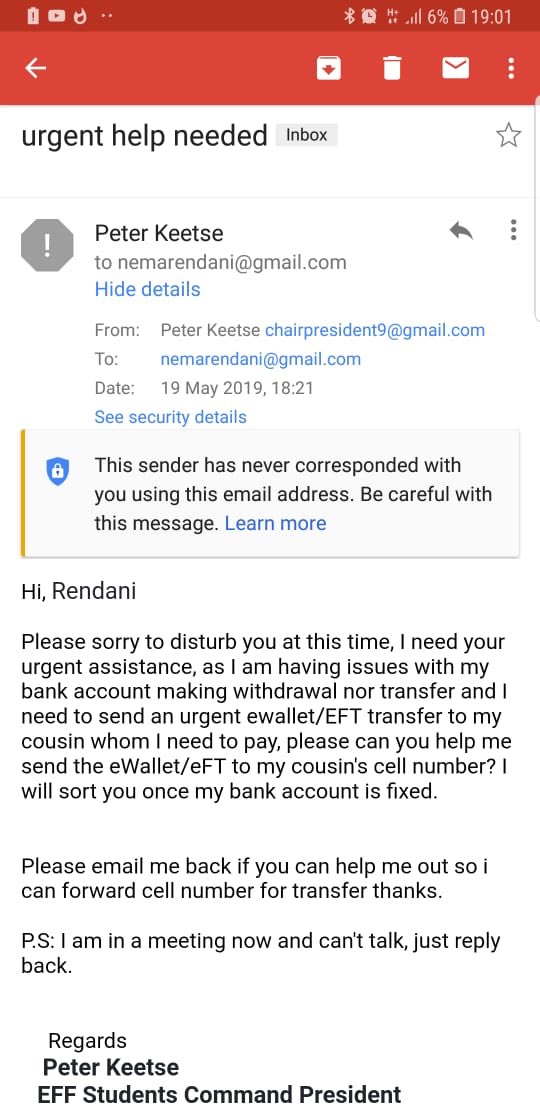 EFFYouthCommand's tweet photo. The email account of the President of EFF Students command have been compromised, You are therefore advised to ignore any email message coming from his email account.
#Salute https://t.co/3JAZsclRK2
