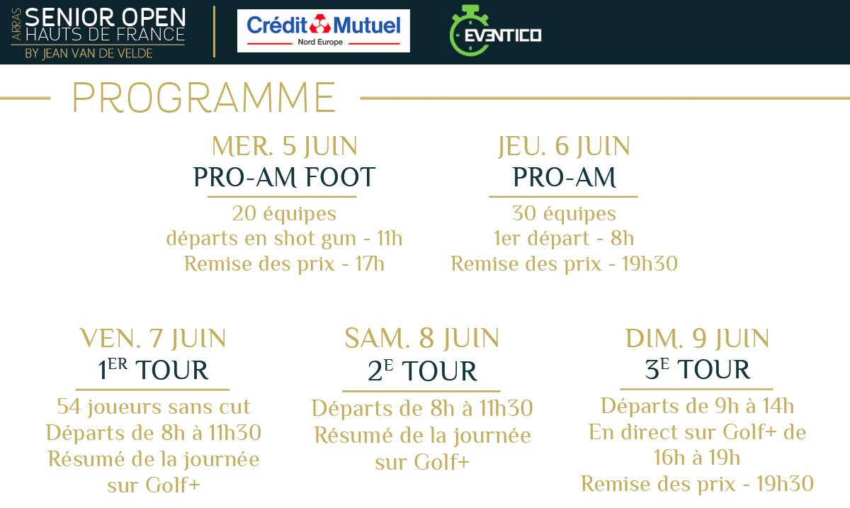 [PROGRAMME] Découvrez le programme de l'Open Senior Arras Hauts-de-France by Jean Van de Velde :
5 juin : PRO AM Football
6 juin : PRO AM officiel de l'Open Senior
7, 8, 9 juin : Open Senior
Restez connectés et découvrez les joueurs de l'Open dans quelques jours !