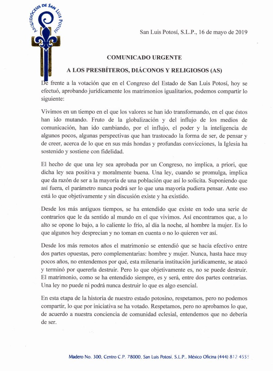 ArquidiocesiSLP's tweet photo. San Luis Potosí a 16 de mayo de 2019
Comunicado urgente https://t.co/KnKNC4OvAr