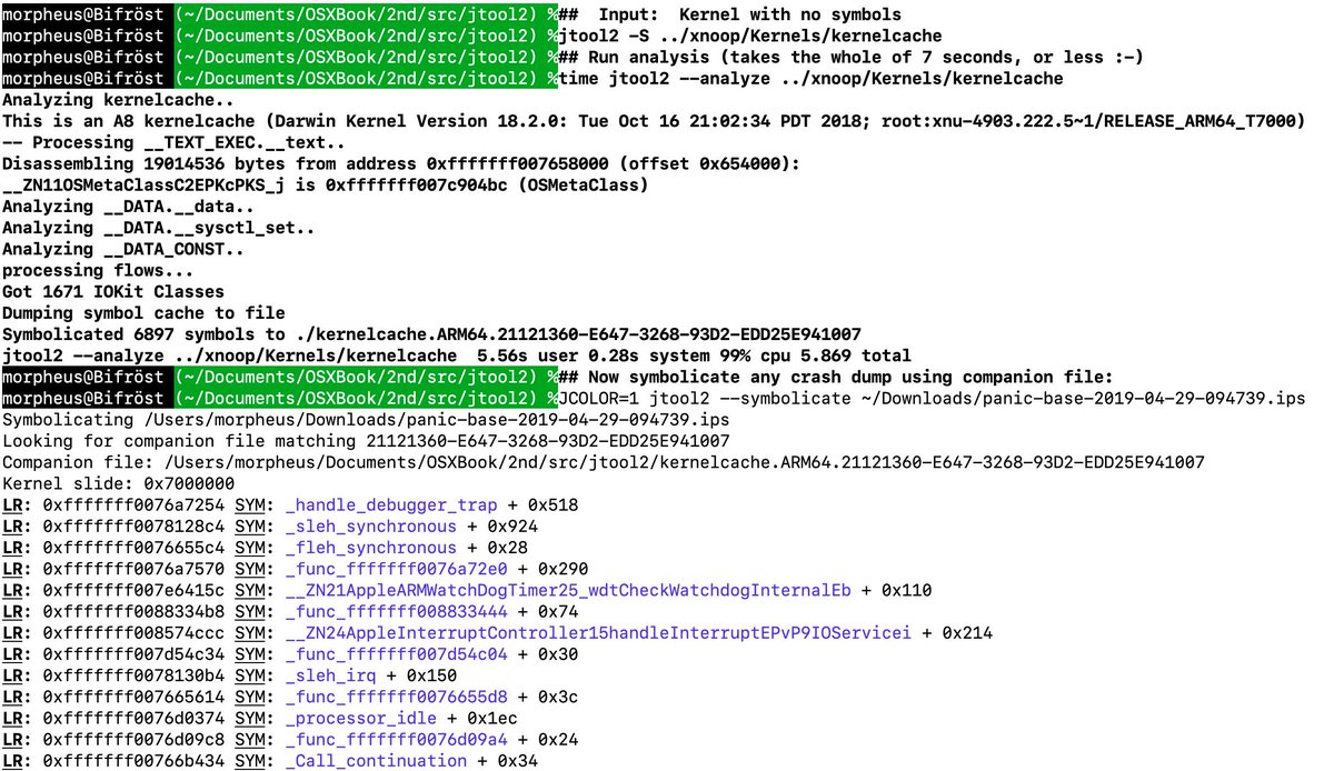 Morpheus______'s tweet photo. #Jtool2: More #Joker symbols (including network stack), better disassembly, and a killer new feature to symbolicate panic logs from *OS (.ips files) - even on symbol-stripped kernels - far better than high priced but grossly inaccurate commercial products!
https://t.co/G3sjTn2obI https://t.co/rYtpja5SfF