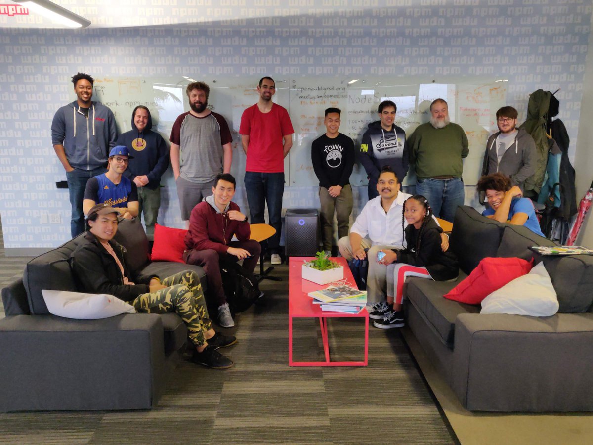 A group of learners and mentors at the May 2019 NodeSchool Oakland event.