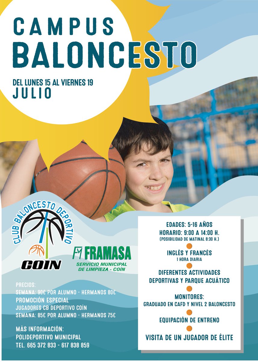 CBaloncestoCoin's tweet photo. 📣YA ESTA AQUÍ NUESTRO CAMPUS DE VERANO...📣
Diversión,deporte,basket,amigos.... no dudes en apuntar a tus hijos en este campus donde disfrutarán a lo grande mejorando en su deporte favorito, el BALONCESTO. 🏀
Info: Polideportivo Municipal📍
☎️ 665 372 833
☎️ 617 838 859 https://t.co/rrnvbLDIzE