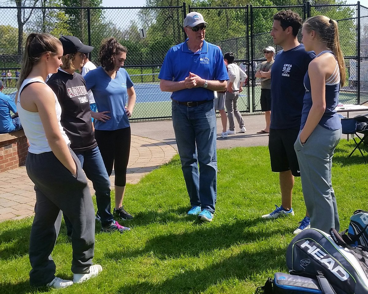 tgsports's tweet photo. Folks are eagerly anticipating the girls' singles final match between @THawkTweets freshman Olivia Almy (left) and @AMSA_Athletics sophomore Kristin Haley (right). Top notch play just getting underway at  @SJShrewsbury https://t.co/4SEXme2DvC