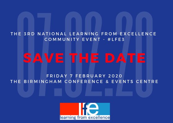 We’ve finally set a date for the 3rd national #learningfromexcellence event. Friday 7th Feb 2020.  Please save the date!  More information to follow. @LfEcommunity @wmahsn @SuzetteWoodward @neilspenceley @orangedis @gemolio @alysonwalkerRHC @AppreciatingP learningfromexcellence.com