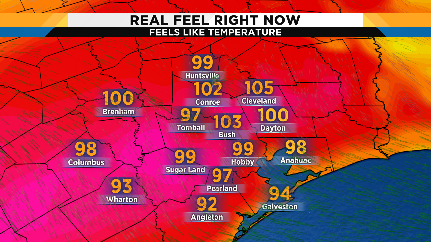 KPRC2Justin's tweet photo. Yeppers, that's not a misprint, the "feels like" temps are all popping around 100 or higher! Lock this forecast in for the work week, folks ... #findapool ~Justin https://t.co/XdIFQPvKzY @KPRC2 https://t.co/zBuO3DAZUC