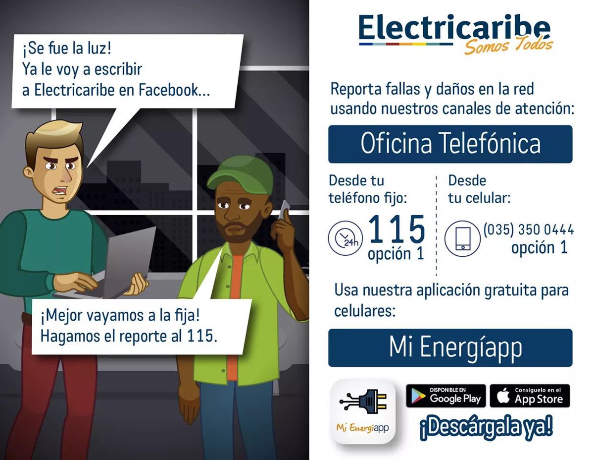 ElectricaribeSA's tweet photo. Reportar en nuestros canales de atención cualquier novedad en el servicio de energía, es fundamental para atenderlo oportunamente. Entrega información específica para saber si el daño es en tu vivienda únicamente o en todo tu sector. 
¡No esperes que tus vecinos lo hagan por ti! https://t.co/Ay7jUylfxK