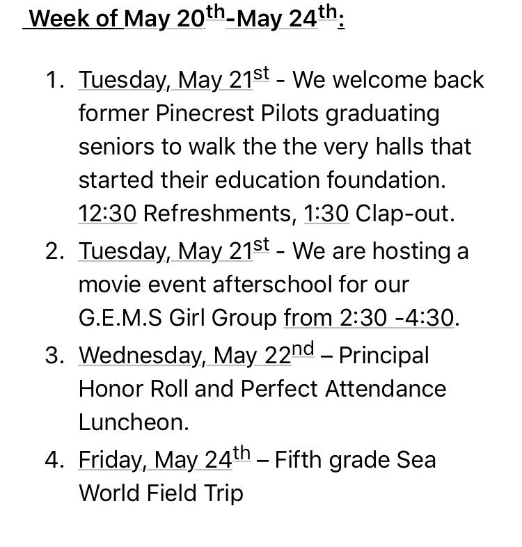 PinecrestPilots's tweet photo. Important dates to remember the final two weeks of school! https://t.co/VyRpqxkAcz