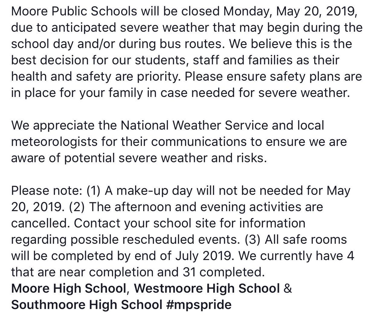 MPS will be closed tomorrow - Monday, May 20, 2019. Please be weather aware. <a href="/MooreHS1/">MooreHS</a> <a href="/WestmooreHS/">Westmoore High School</a> <a href="/SouthmooreHS/">Southmoore HS</a>