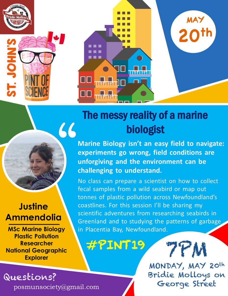 TOMORROW IS THE FIRST <a href="/pintofscienceCA/">Pint of Science CA</a> #Pint19 NIGHT! Come down to <a href="/BridieMolloys/">Bridie Molloy's</a> at 7PM and check out two of our AMAZING speakers on humans and wildlife! Dr. Alistair Bath is a professor at <a href="/MUNGeog/">MUN Geography</a> and <a href="/JustineAmmendo1/">Justine Ammendolia 🏳️‍🌈</a> is a local plastics scientist and <a href="/NatGeo/">National Geographic</a> Explorer! <a href="/CBCNL/">CBC Newfoundland and Labrador</a>