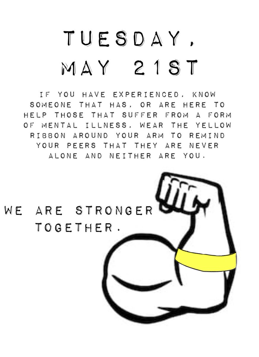 reganlsnyder's tweet photo. I will be passing out yellow ribbons starting Monday, May 20th! Please wear these on Tuesday, May 21st to spread awareness for mental illness and remind your peers that they and you are never alone. 💛 #StrongerTogether https://t.co/lScpdRUHDr