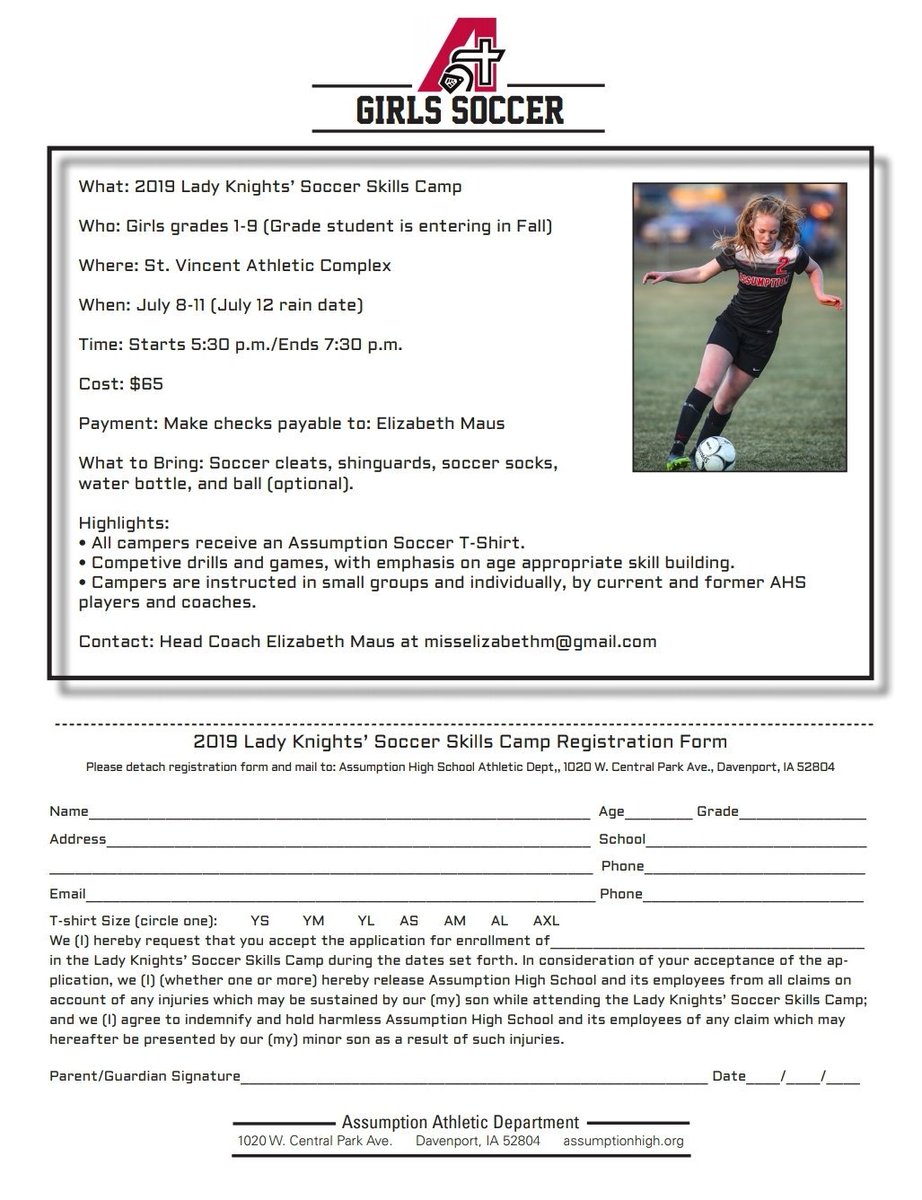 Registration is open for our 2019 Lady Knights' Soccer Camp: July 8th-11th at SVAC
Download registration forms here: assumptionhigh.org/category/athle…
Please share! 
<a href="/sullyrkelly/">sully</a> <a href="/livylansing21/">Livy Lansing</a>
<a href="/carlykinggg/">carly king</a> <a href="/LaurenHerrig/">lauren herrig :)🍍</a> <a href="/kyliehulsbrink/">Kylie Hulsbrink</a>