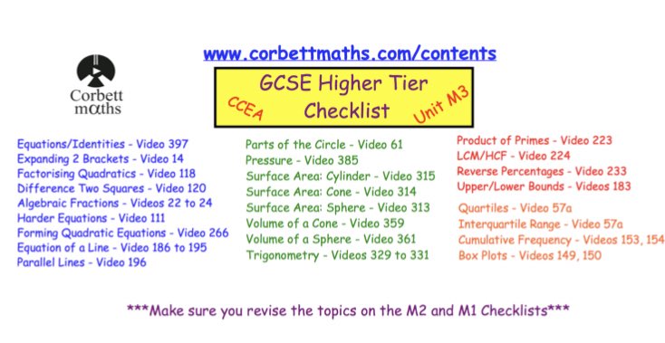 CorpusMaths's tweet photo. Good luck with revision to all GCSE pupils sitting M2 or M3 this Tuesday. Use these @Corbettmaths checklists and videos to help you to prepare. Hard work + positive attitude = success! 👍🏻 https://t.co/1QYxfke8ir