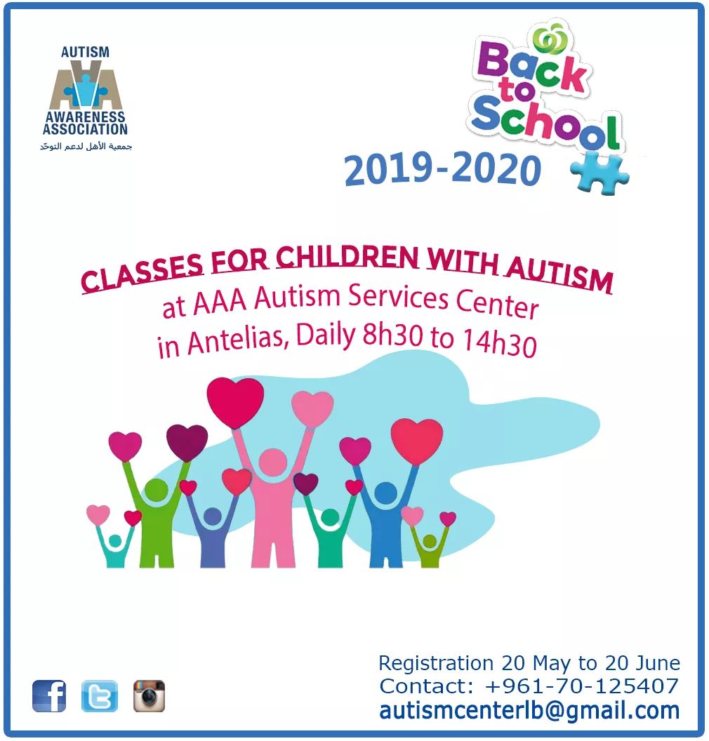 AAA_Autism's tweet photo. AAA Classes of Children with Autism, 2019-2020
Daily 8h30 till 14h30
Optional: 8h30 till 16h30
For Registration: +961-70-125407
or autismcenterlb@gmail.com
#AutismAwarenessAssociation
#AutismServicesCenter #ASC
#ClassesofChildrenwithAutism
#AAA #AutismLebanon https://t.co/Lxoyx83A0C