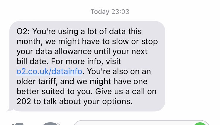 vikinglassie's tweet photo. @O2 I’ve a loyal customer to o2 for decades and I’ve just had this message. How can I have used too much data when I have an unlimited data allowance?! This seems like a bit of a coincidence that I’m having network issues and now you are trying to force me off my tariff 🤔 https://t.co/fOEw4oAG9Q