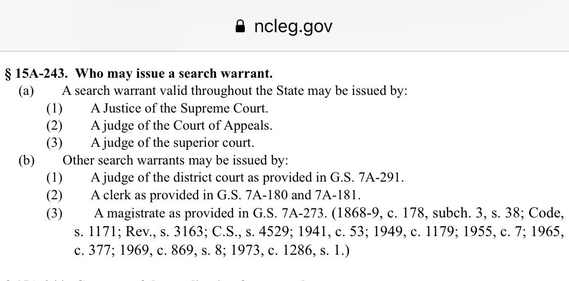 Chapter 15A of the North Carolina General Statutes lays out our criminal procedure generally, and Chapter 7A lays out the powers of judicial officials Here are the sections on what magistrates are used for