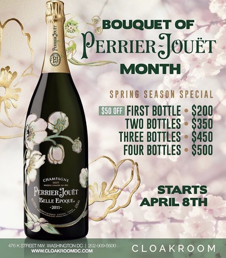 CloakroomDC's tweet photo. Join Cloakroom as we celebrate Bouquet of @perrierjouet month!! The more you drink, the bigger the discount! #onenightisnotenough #cloakroomdc #perrierjouet #bottlespecials #gentlemensclub #dclounge #dcclub #drinkspecials #poppinbottles https://t.co/dVbBOQM1vM