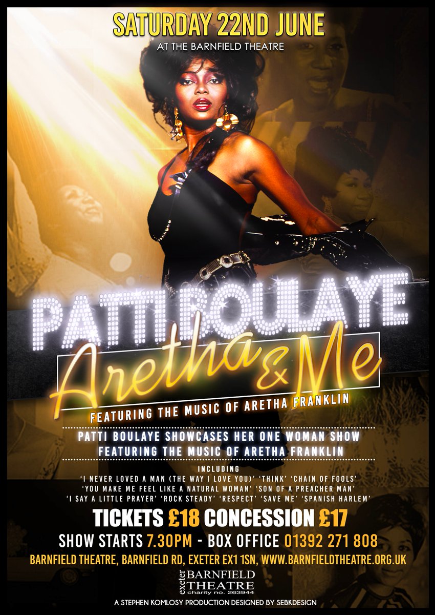 PattiBoulaye's tweet image. Exeter here I come!
22nd June, "Aretha &amp;amp; Me" at the @ExeterBarnfield
If you like the music of Aretha Franklin then come along with your friends to The Barnfield Theatre for is a highly entertaining Book now: barnfieldtheatre.ticketsolve.com/shows/873602130 #exeterpride #Cornwall @UniofExeter #arethaandme