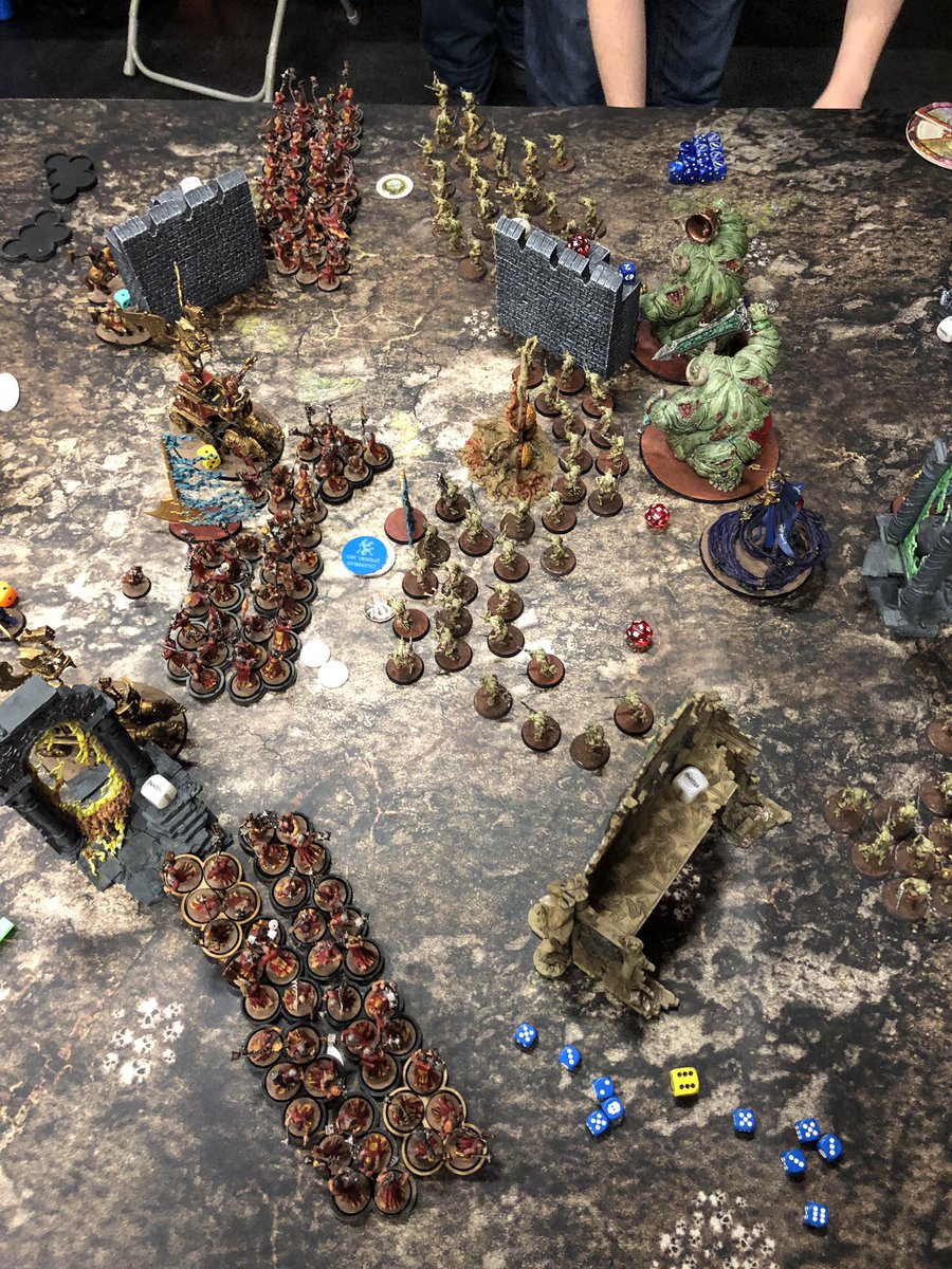 simonwarhammer's tweet photo. #bobo2019 recap game 4 was Shifting Objectives vs Toms Thricefold Befoulment. Both 4 drops Tom went first with his 60 Plaguebearers but I was able to shoot Rotigus off and delete the Plaguebearers in melee. Second major and another fun game with a great opponent #devotedofsigmar https://t.co/kjQ0KTuaw4