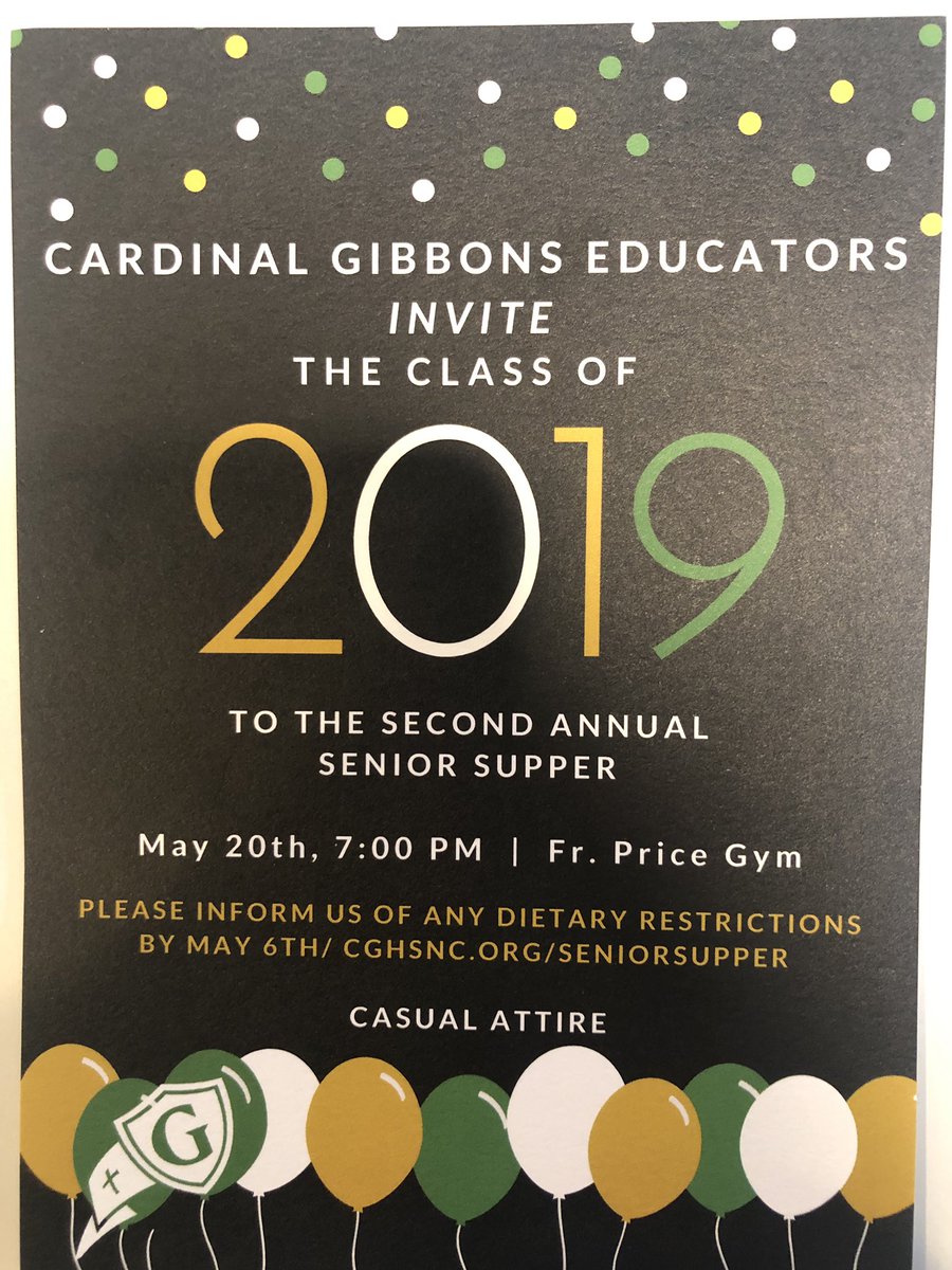 CG19parents's tweet photo. Seniors only!  Tomorrow is senior/educator dinner. 7pm Fr Price Gym. Come spend some time with your awesome teachers before graduation! https://t.co/6gEs4nk7wT
