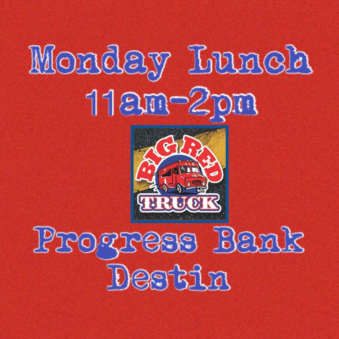 🚩🚩Come see us for Monday lunch in Destin! We’ll be at Progress Bank from 11am-2pm ! Call ahead orders welcome 850-737-1715🚩🚩

CHICKEN OR STEAK QUESADILLA COMBO
$10

GULF DUO TACO COMBO
$12

SMOKED FISH DIP 
$8 

UNORIGINAL CHICKEN SAMMICH
$5

facebook.com/events/3161664…
