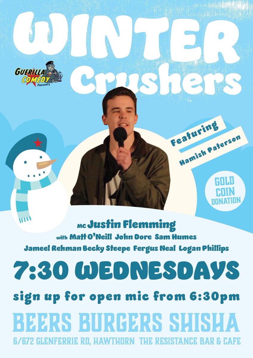 PjSharpy's tweet image. Great show tonite at 7.30. It’s Hamish’s last stand and we we have a sic lineup to celebrate. Super open mic at 9 and burgers, beers n Shisha. Get in early and reserve a seat!
