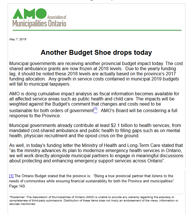 PaulMoreau19's tweet photo. Municipal governments received another budget impact today: ambulance  grant will be frozen at  2017 funding  levels. The cost to deliver service for 2019 will fall to municipal  taxpayers. @JYakabuskiMPP @celliottability @donohueranch @PeterEmon1 @ChiefMNolan @RenfrewCounty https://t.co/iDZgkDr9uf