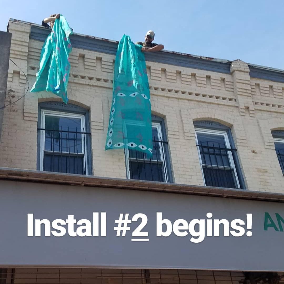 StoryWithSari's tweet photo. Huge thanks to the wonderful #WRAPture installers...it process to get 50+ saris up and draped properly.  #ActOnClimate #climatechange #Sustainability #TuesdayThoughts https://t.co/W3ovRz92gl