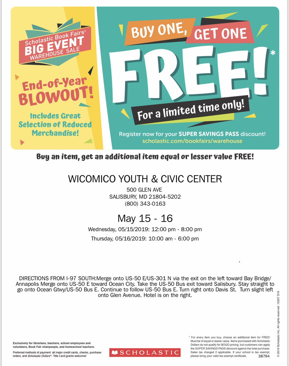 ESLAMaryland's tweet photo. Big News: ⁦@Scholastic⁩ Warehouse Sale coming to ⁦Wicomico County in May 15-16! @FunWicomico⁩ ⁦@wcboe⁩ ⁦@WorcesterSystem⁩ ⁦@DCPSChampions⁩ ⁦@johngaddisSCPS⁩ https://t.co/E2N3mKZ4aa