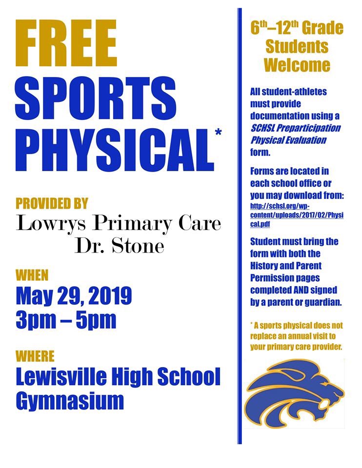 🔹🦁🔸Lion Athletes, athletic physicals for the 2019-20 school year will be provided on May 29th from 3 to 5 PM in the Gymnasium. Be sure to take advantage of this free opportunity! #GoLHSLions